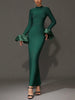 Women Elegant Evening Club Party Trumpet Long Sleeves Sexy Turtleneck Tight Maxi Bandage Dress Black Vestido