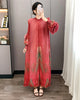 Red Pleated Hand-Cranked Floral Print Women's Long Dress Long Sleeve Elegant Temperament Elastic Loose Dresses 2DB4509