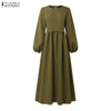 Muslim Kaftan Long Dress Hijabs Women Lantern Sleeves Lace-Up Solid Color Pleated Maxi Dress Islamic Woman Abaya Robes