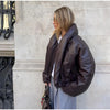 Warm V-Neck Thick Leather Short Jacket Woman Long Sleeves Loose Versatile Coats Casual Street Women's Autumn Winter Jackets