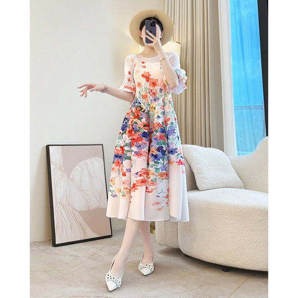 Elegant Plant Floral Printing Pleated Women's Dress Chic Round Collar Lantern Sleeve Elastic Loose Casual Dresses