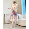 Elegant Plant Floral Printing Pleated Women's Dress Chic Round Collar Lantern Sleeve Elastic Loose Casual Dresses