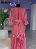Women Striped Three Quarter Sleeve V-neck Midi A-line Dress Birthday Vacation Streetwear Vestidos Dresses