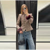 Women Stand Collar Tweed Jacket Elegant Long Sleeve Faux Fur Cuffs Coat Spring Single Breasted Outerwear Street