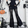 Goth Drak Elegant Flocking Print Long Pants 90s Grunge Mesh See Through Bodycon Flare Pant Mall Gothic Women Trousers