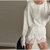 Women's Satin Short Dress Patchwork Lace Trim Crew Neck Long Sleeve Loose Dresses Spring Lady Casual Daily Chic Streetwear