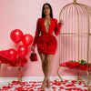 Women Rose Floral Applique Long Sleeve Bodycon Mini Midi Dress Winter V-neck Club Sexy Party Evening Dresses Vestidos