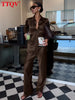 Loose Brown Satin Women's Two Pieces Set Elegant Long Sleeve Shirt With High Waist Wide Pants Set FemalaCla