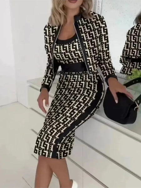Sexy Slim Print Suit Elegant Office Lady Round Neck Vest Zippered Long Sleeve Jacket Package HipSkirt Three Piece Set