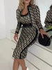 Sexy Slim Print Suit Elegant Office Lady Round Neck Vest Zippered Long Sleeve Jacket Package HipSkirt Three Piece Set