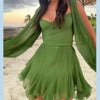 Sexy V-Neck Women Long Sleeve Mini Dress Stylish Hollow Out Lace Up Pleated Vestidos Casual Holiday Waist Tight Slim Solid Dress