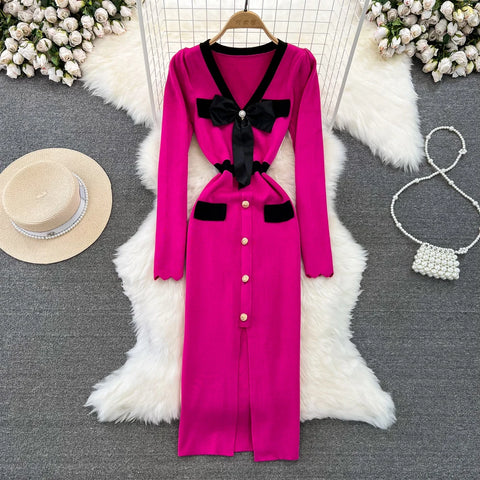 Women Elegant Butterfly Long Sleeve Bodycon V Neck Split Dress Vintage French Slim Knit Tight Vestido Autumn Winter Sweater Robe