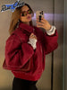 Solid Patchwork Cropped Coat Women Lapel Long Sleeve Loose Zipper Pockets Jacket Autumn Lady Casual Street Outerwear