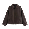 Brown Zipper Woolen Jacket For Women Elegant Lapel Long Sleeve Short Coats Vintage Autumn Lady Street Outerwear