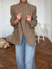 Women Khaki Striped Oversized Blazer Asymmetrical Button Closure Tailored Lapel Collar Structured Coat Minimalist Urban Outfits