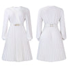 Elegant Dresses Woman V Neck Full Sleeve Pleated Mid Calf Belt Waisted African Female Birthday Party Dress