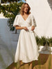 100% Cotton V-neck Waist Cinched Dress Unique Lantern Sleeve Sexy Slit Long Skirt Women's Casual Dresses