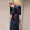 Heart Print Contrast Women Denim Two Piece Set Lapel Waist Cinched Cropped Jacket Wide Leg Jeans Outfit Woman Matching Set