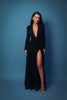 Women Glitter Maxi Evening Dress Deep V Neck Long Sleeve Ruched High Slit Formal Party Dress For Wedding Guest Prom
