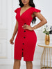 Women Deep V Neck Ruffle Vintage Sexy Cocktail Party Button Wrap Spilt Knee Length Sheath Bodycon Pencil Slim Dress