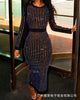 Sequin Round Neck Women Dress Striped Solid Splice Party Tight High Waist Casual Sexy Hip Wrap Long Sheath Dresses