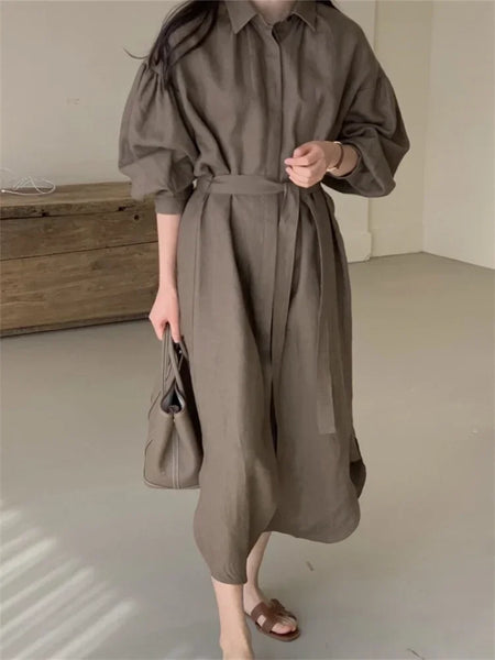 Women's Spring and Autumn Bubble Sleeve Casual Loose Straight Vintage Button Decorative Shirt Long Dress