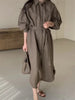 Women's Spring and Autumn Bubble Sleeve Casual Loose Straight Vintage Button Decorative Shirt Long Dress
