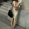 Ribbed Knit Maxi Dress For Women Deep V-Neck Slim High Slit Elegant Patchwork Commute Party Dress Women Knitwear Dress