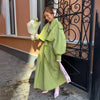 Green Oversized Belt Overcoat Women Elegant Long Sleeve Pleated Lapel Lace Up Windbreaker Autumn Lady Daily Street Outerwears