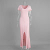 Ribbed Knit Maxi Dress For Women Deep V-Neck Slim High Slit Elegant Patchwork Commute Party Dress Women Knitwear Dress