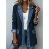 Women Ribbed Denim Patchwork Blazer Lapel Long Sleeve Single Button Casual Mid Length Jacket Ladies Spring Autumn Outerwear