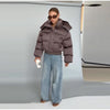 Solid Hooded Cropped Puffer Jacket Women Stand Collar Snap Button Loose Long Sleeve Jackets Winter Casual Warm Padded Coat