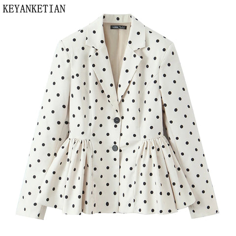 Spring Women's Polka Dot Print Suit Stylish Chic Tiered Ruffles Decoration Single Breasted Slim Blazer Top