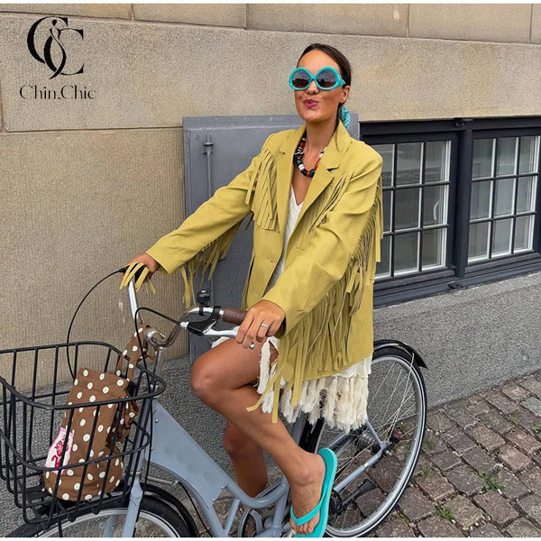 Faux Leather Fringe Women's Blazer Jackets Lapel Long Sleeve Single Breasted Tassel Jacket Vintage Casual Outerwear Coat