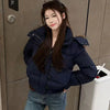 Korean Fur Collar Hooded Parkas Ladies Design Cropped Cotton Padded Winter Jacket Female Blue Casual Warm Parka Coats