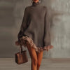 Autumn Winter Elegant Turtleneck Knitted Dress Women Sexy Lace Splicing Solid Color Short Dress Ruffle Draped Mini Dress