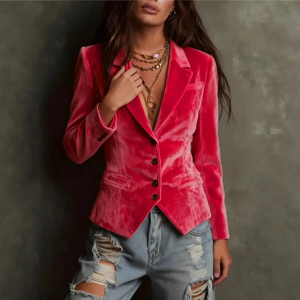 Velvet Blazers for Women Jacket Single Breasted Suit Collar Blazer Coat Solid Long Sleeve Simple Female Outerwear