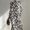 Flower Print Long Sleeve Elegant Maxi Dress Women Gown Spring Ruched Bodycon Mock Neck Long Dresses Female