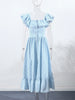 Flying Sleeve Ruffle Striped Slip Long Dress Women Elegant Square Collar Waist Cinching Pleat Party Dresses Chic Ladies Vestido