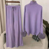 2 Pieces Sets For Women High Neck Loose Sweater With Fox Fur Cuffs Wide Leg Trousers Spring Winter 2DB1757