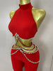 Rhinestone Red Sexy Cut Out Two Piece Pants Bandage Set Women Celebrity Designer Women's Set Stage Outfit