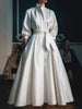 Women Elegant Shirt Dress Long Sleeve Stand Collar White Minimalist A-Line Pleated Wedding Guest Long Dresses with Blet