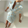 Elegant Women's Printed Buttons Short Dress Waist Cinched Shoulder Pads High Collar Dresses Autumn Lady Holiday Party Robes