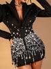 Patchwork Sequins Temperament Dress For Women Lapel Long Sleeve High Waist Spliced Pearls Mini Dresses Female