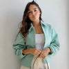 Cropped Tweed Jacket Women's Jacket Demi-Season Zip-Up Long Sleeve Top Mint Green Textured Outerwear Streetwear Coats
