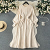 Loose Casual Knit Long Dress Women Solid Elastic Waist Lantern Sleeve O Neck Ladies Winter Sweater Dresses