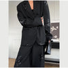 Women Black Sequin Embroidery Blazer 2 Piece Set Full Sleeve Lapel V-neck Coat Wide Leg Pants Suit Lady Spring Outfits