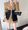 Original Design Blazer Women Loose Spliced Pocket Korean Shrug Notched Single Breasted Blazer Mujer Femal with Belt