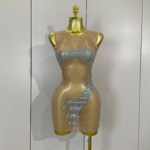 Sexy Sparkle Rhinestone Mesh Transparent Stretch Mini Dress Women Evening Birthday Party Nigthclub Stage Performance Costume