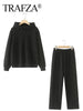 Women Solid Casual Sweatshirt Pant Suit Long Sleeve Hooded Fleece Pullover Coat Loose Straight Trousers Autumn Female Set